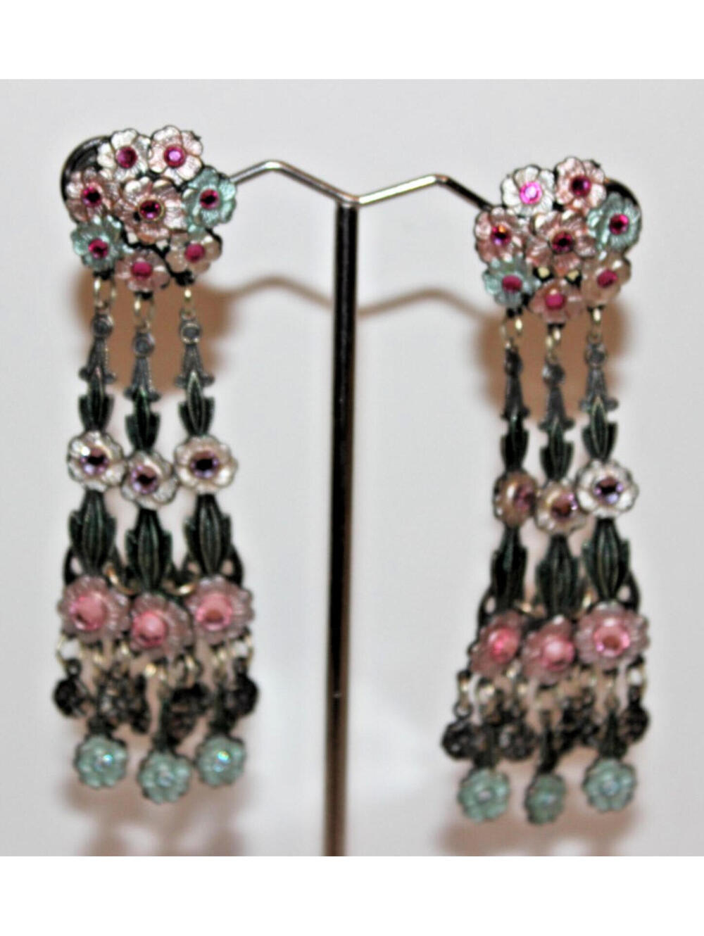Vintage Czech Glass Floral Chandelier Earrings Pink Green Purple Pierced Dangle